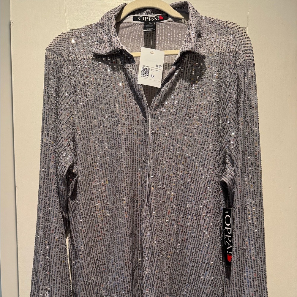 Forever21 sheer silver glitter sequin shirt, size 1x